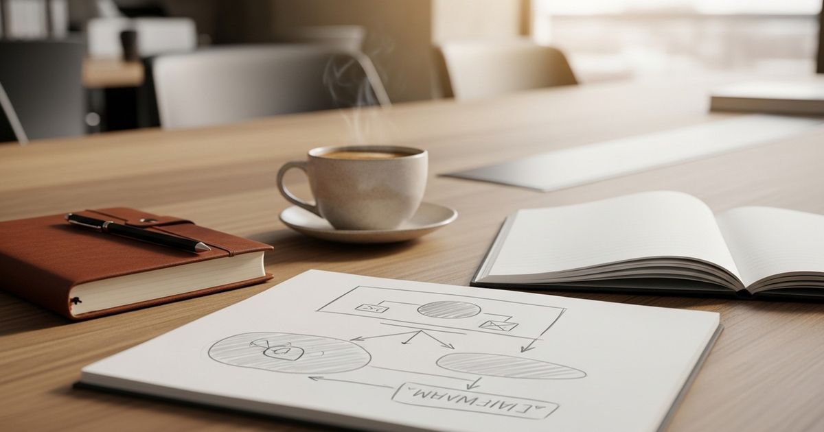 Warm editorial scene of a consultant's desk with notebook and coffee, suggesting local marketing strategy and agency work