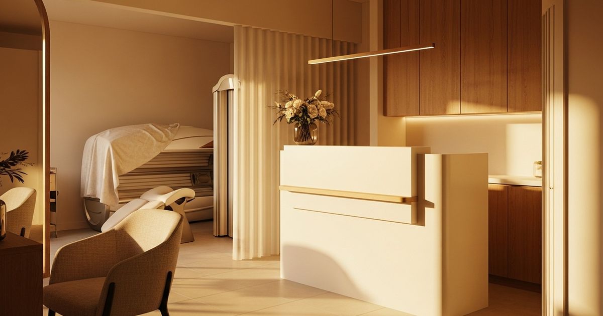 Warm, modern tanning salon interior with elegant tanning bed in a clean, editorial-style composition