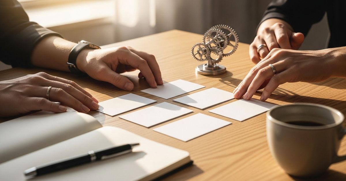 Hands arranging blank index cards into a visual workflow on a modern table, symbolizing an automated publishing pipeline.