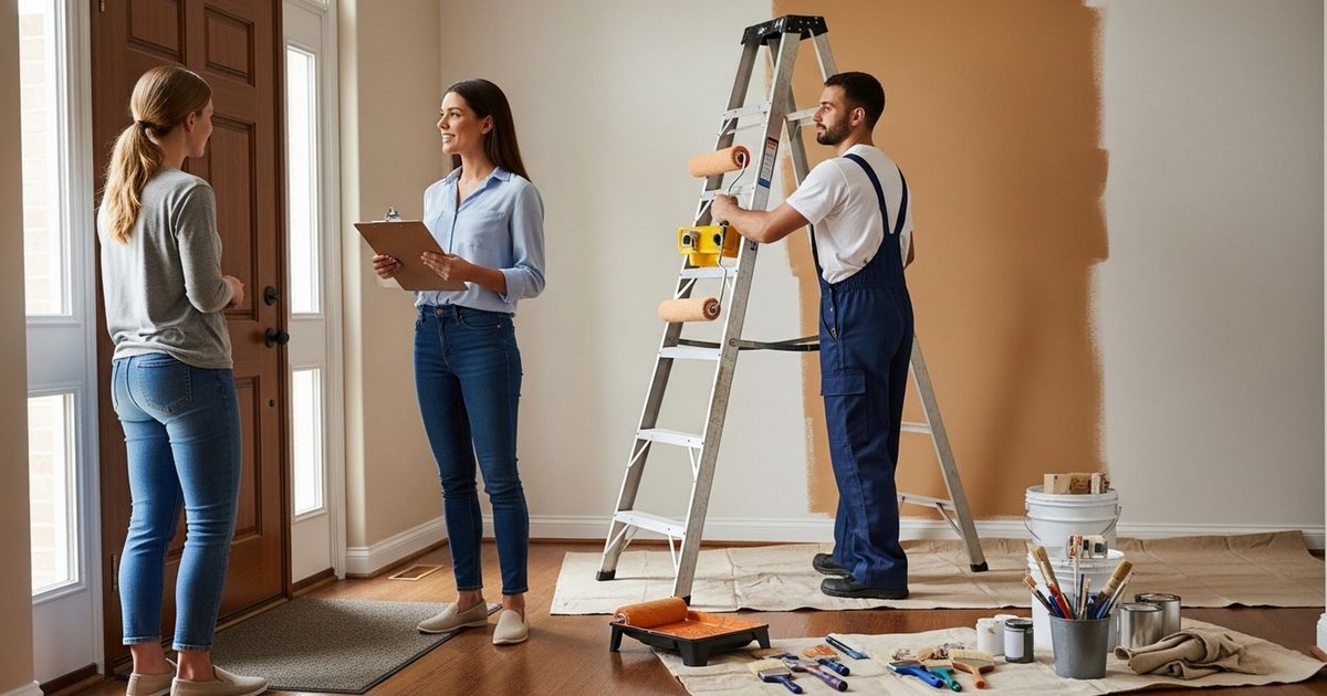 Small painting business owner consulting with a homeowner in a residential hallway while a painter prepares a ladder and paint supplies.