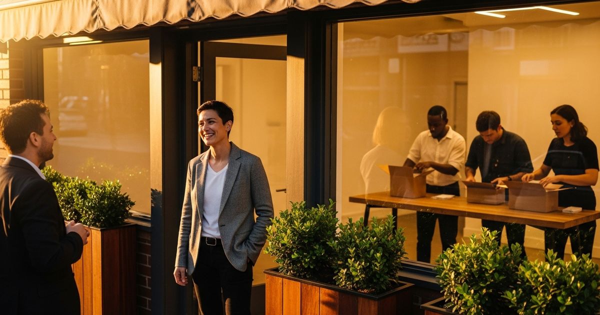 Local business founder outside a neighborhood storefront talking to a customer, warm natural light, team packing orders inside — scene conveys local entrepreneurship and community focus.