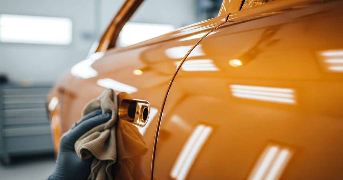 Gloved hand polishing a freshly painted car panel in a warm-lit, modern auto body shop