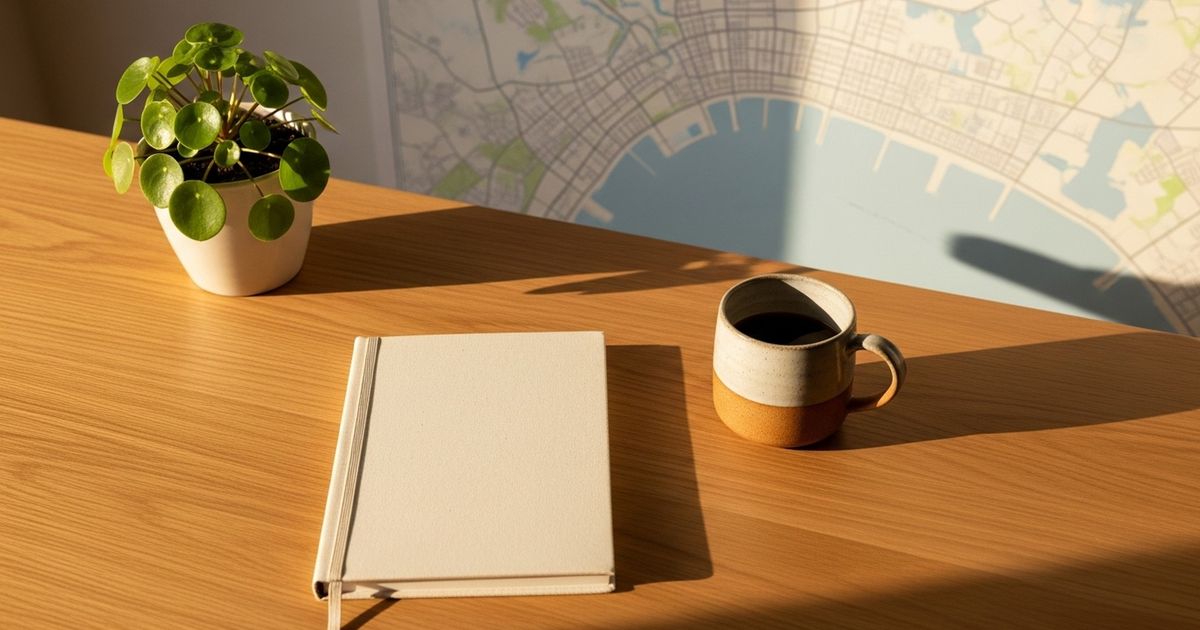 Warm, editorial-style workspace with a notebook and subtle coastal city map in soft focus, evoking local SEO strategy and planning.