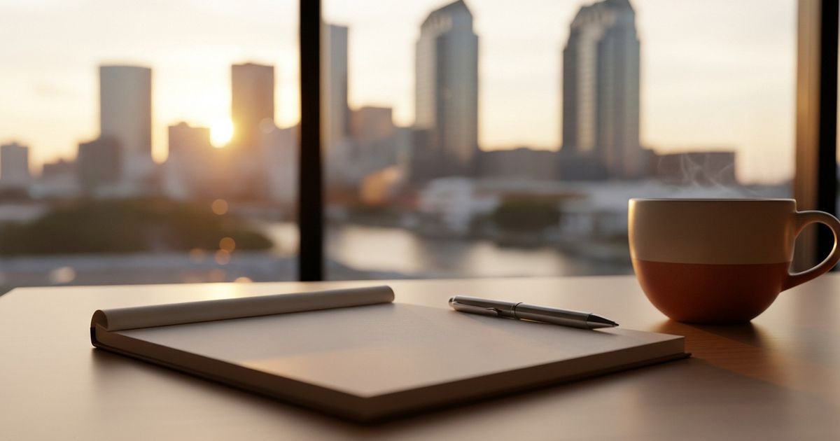 A warm, hyper-realistic office scene with a blank notepad and pen on a desk and the Tampa skyline blurred in the background, evoking local business strategy.