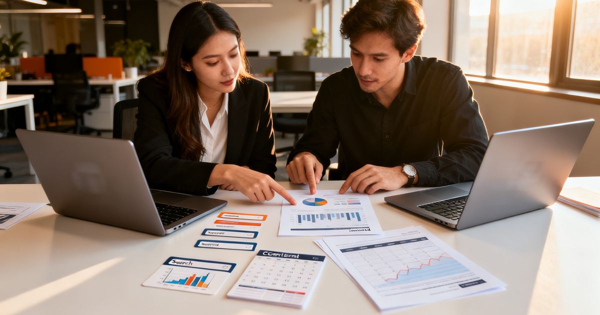 Two SEO professionals comparing Ahrefs vs Moz dashboards in a modern startup office