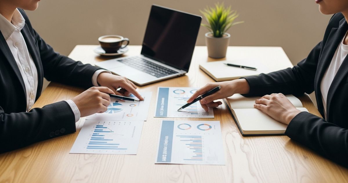 Two marketers reviewing visual keyword cluster charts in a modern workspace, representing a comparison of AI SEO tools.