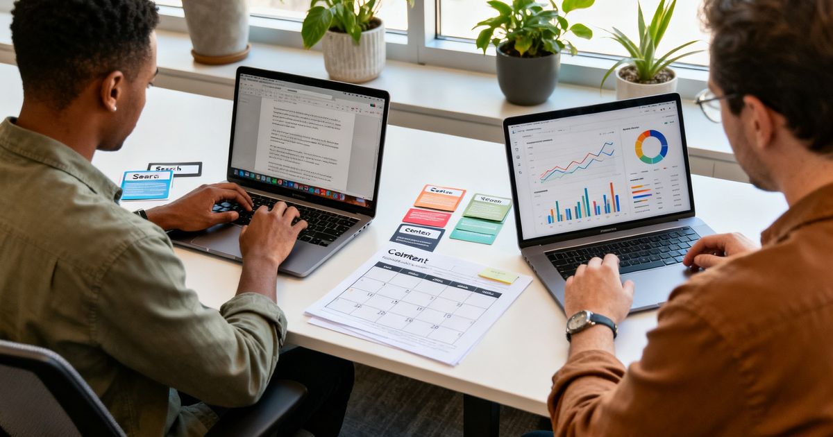 Two marketers comparing Jasper and Semrush workflows on laptops in a startup office — jasper vs semrush
