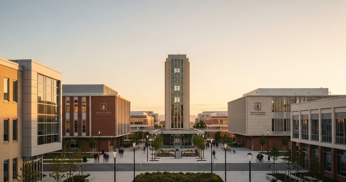 Warm golden-hour view of a modern university campus with academic buildings and walkways, evoking higher-education and institutional presence.