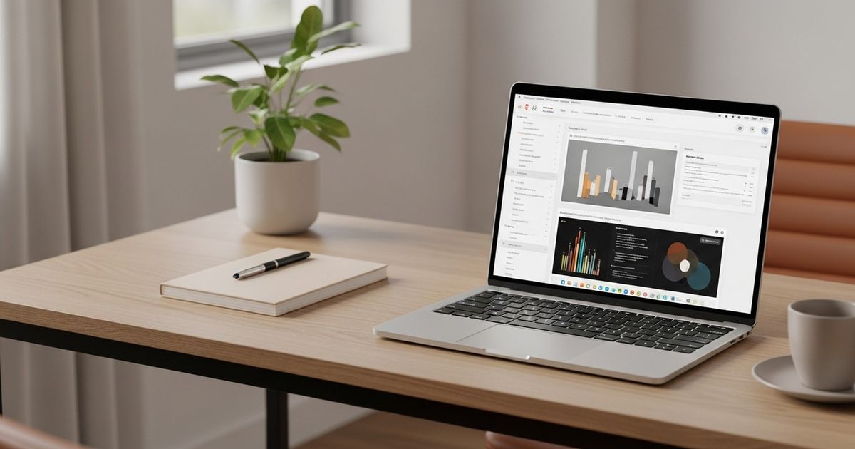 Workspace scene suggesting streamlined automated content workflows with schematic diagram and warm professional styling