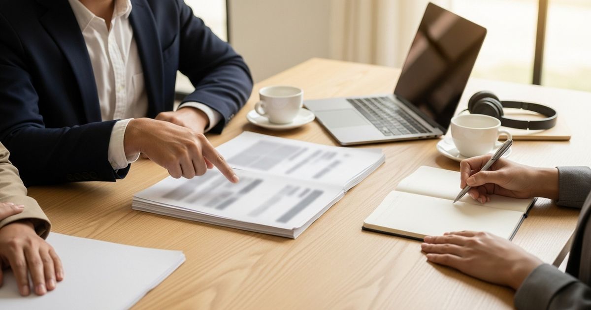 Marketers collaborating over content QA materials in a modern office, with blank printouts and notebooks to represent an AI content QA process.