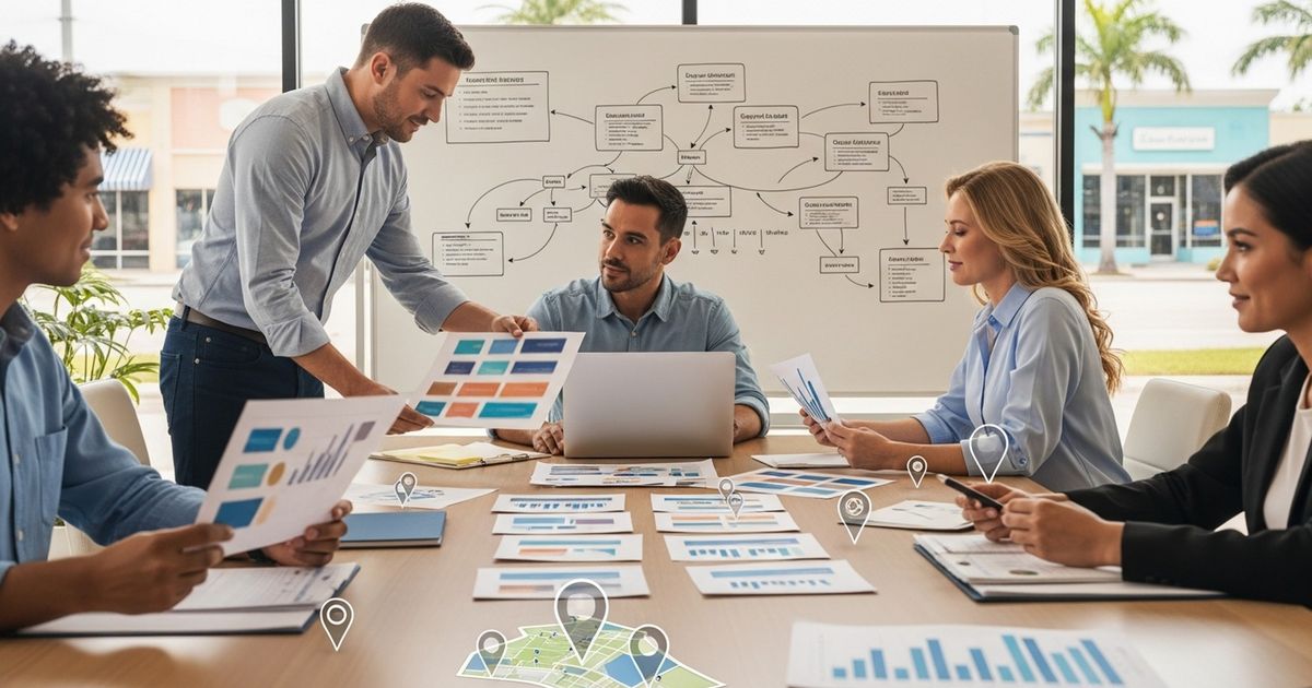 Marketing team planning SEO strategy around a conference table in a modern Cape Coral office — seo agencies in Cape Coral