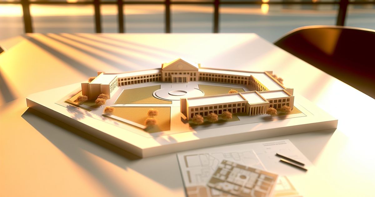 Warm, editorial-style image of a layered architectural model of a university quadrangle representing growth and digital strategy for college SEO