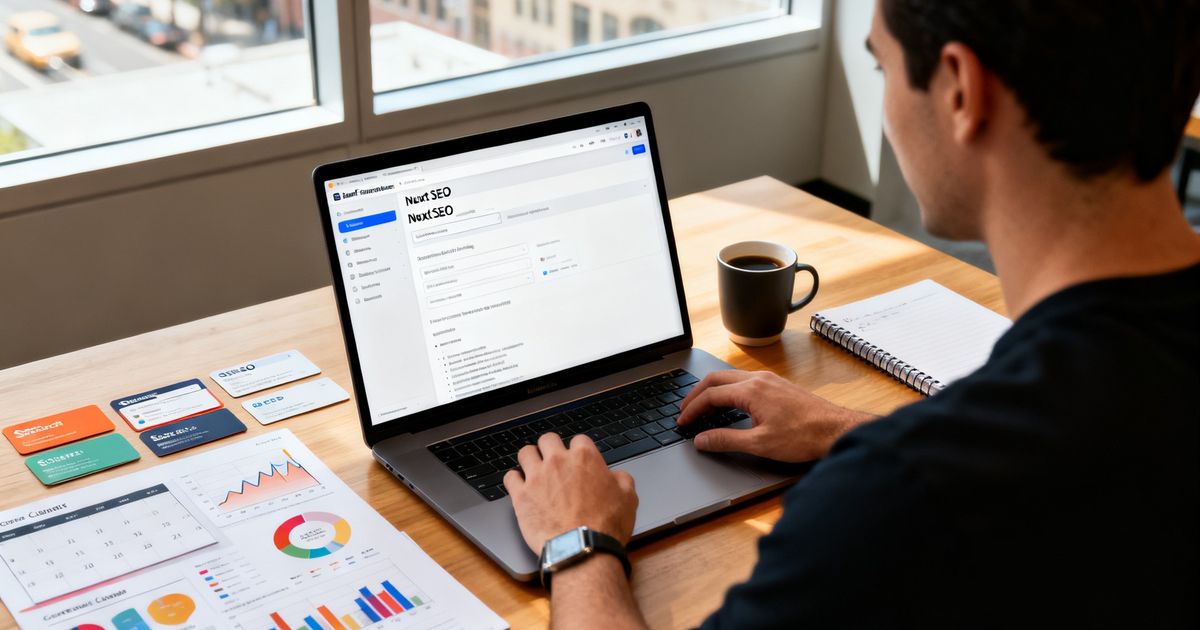 Developer configuring Nuxt SEO settings in a modern startup office — nuxt seo setup on laptop