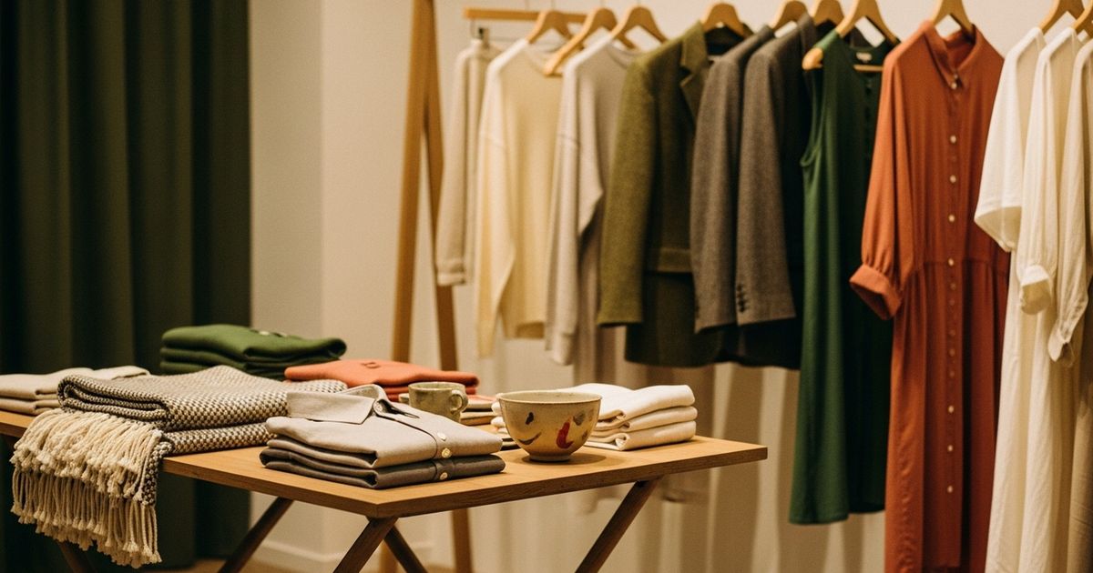 Warm, hyper-realistic boutique interior with curated clothing display evoking fashion retail and online merchandising