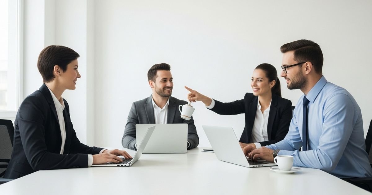 Founders collaborating around a table with abstract charts and a whiteboard showing color-coded sticky dots, illustrating strategic discussion about SEO myths and priorities.