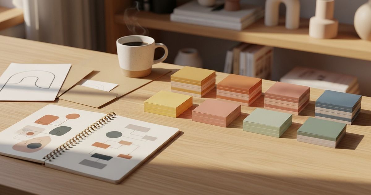 Warm modern workspace with color-coded index cards and planning materials representing course structure and SEO planning