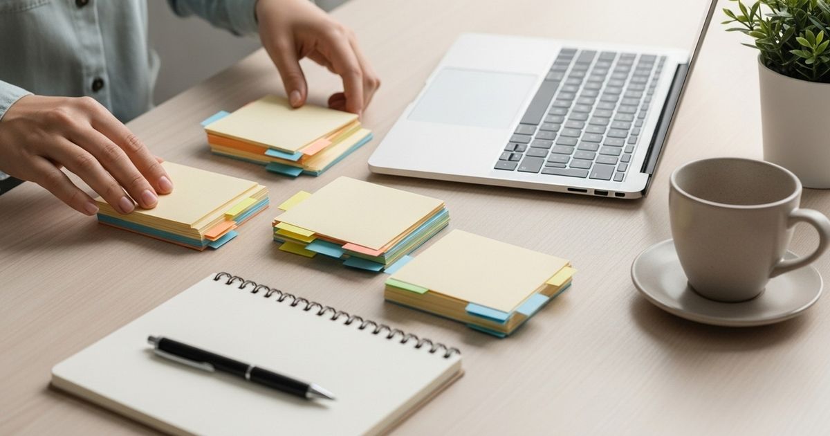 Hyper-realistic image of a strategist arranging blank index cards and templates on a desk to plan AI-generated SEO content.