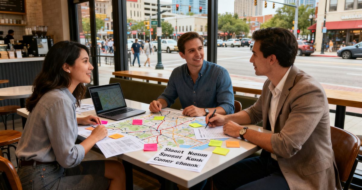 Marketing team conducting local keyword research for a coffee shop in downtown Austin, Texas