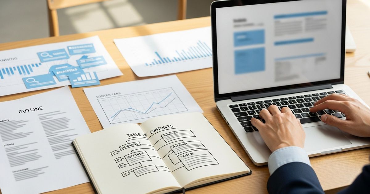 Content manager sketching and adding a table of contents for a long article