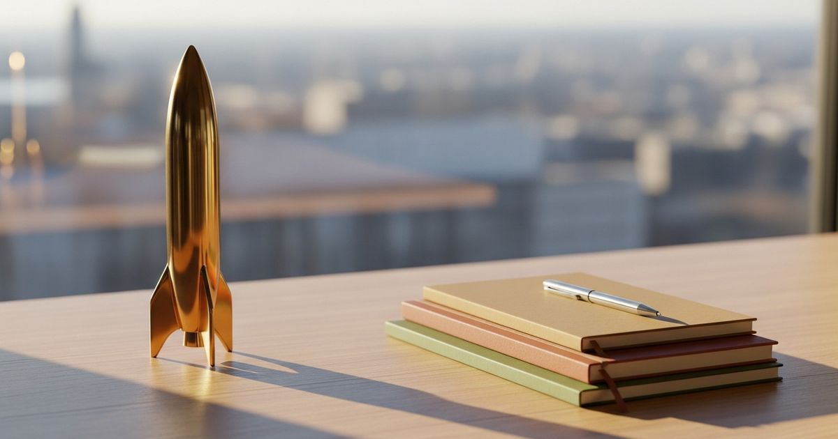 Hyper-realistic editorial image of a minimalist desk with a brass model rocket and warm natural light, evoking growth and strategic planning