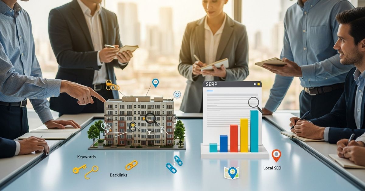 Property manager inspecting a small multi-unit building exterior with clipboard and keys, warm modern aesthetic