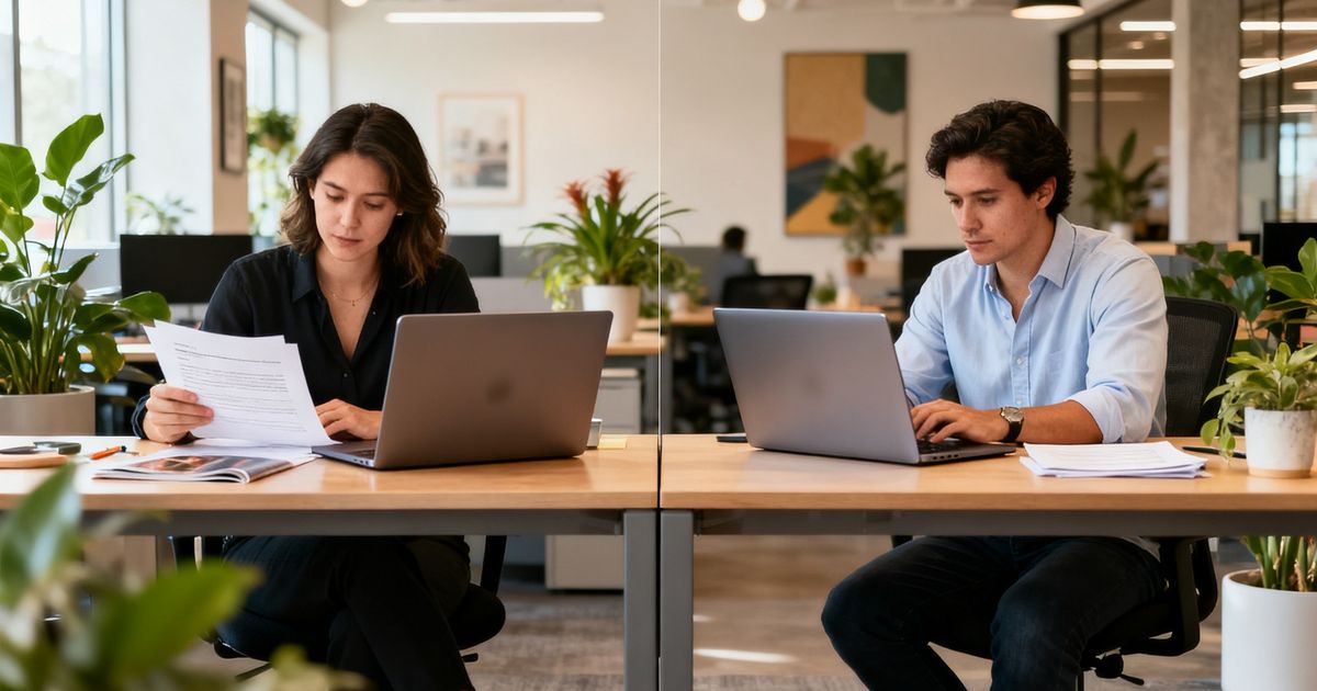 Two marketers comparing AI content tools side by side in a modern Austin startup office — scalenut vs writesonic comparison