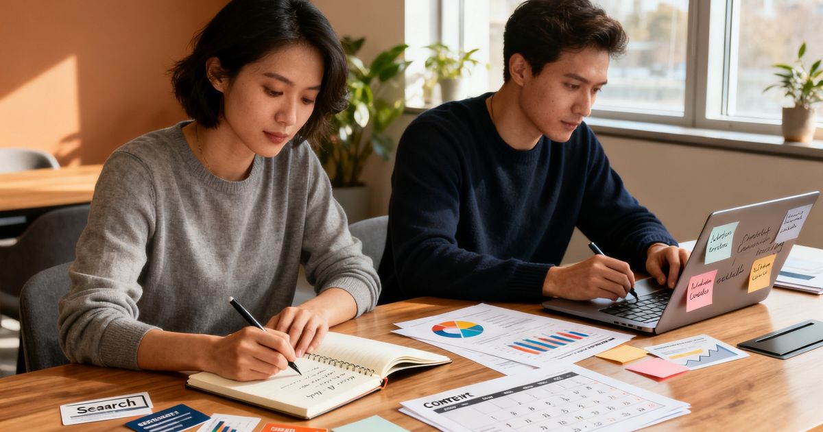 Two content marketers comparing Frase and Copy.ai side by side while preparing content briefs and marketing copy