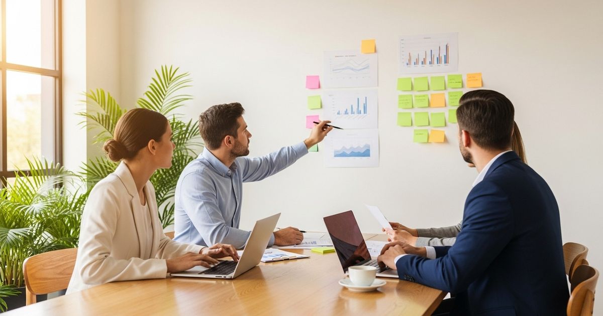 Small startup team in a planning meeting with sticky notes and printouts, representing strategic long-term SEO planning