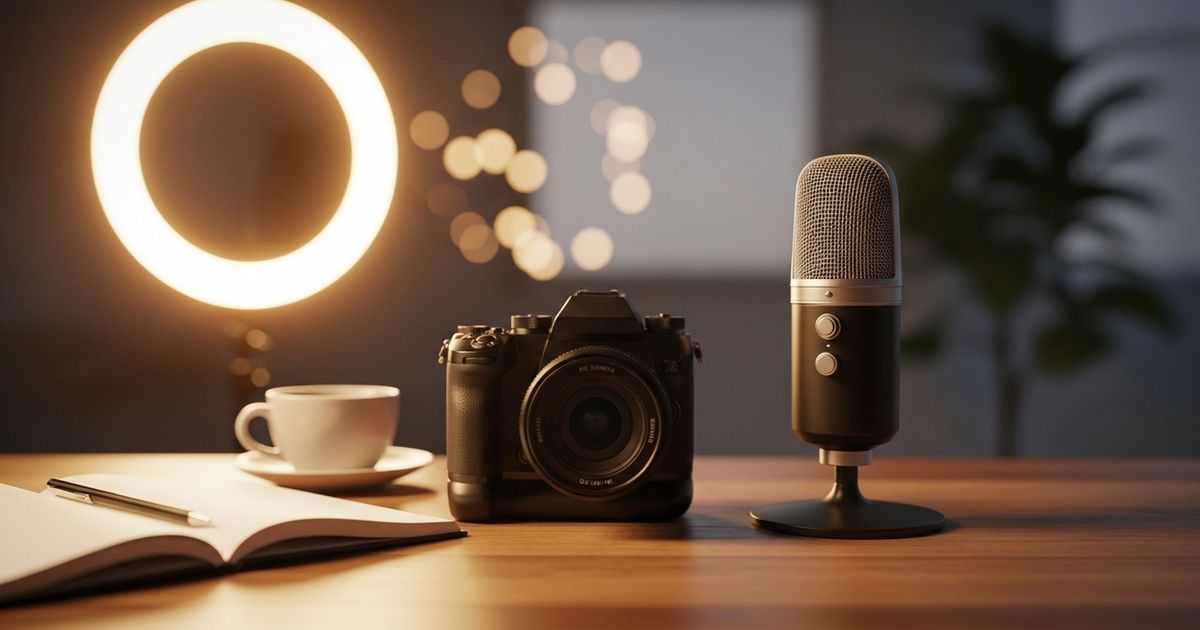 Warm, modern creator workspace with camera lens and microphone on a desk, soft studio lights in the background