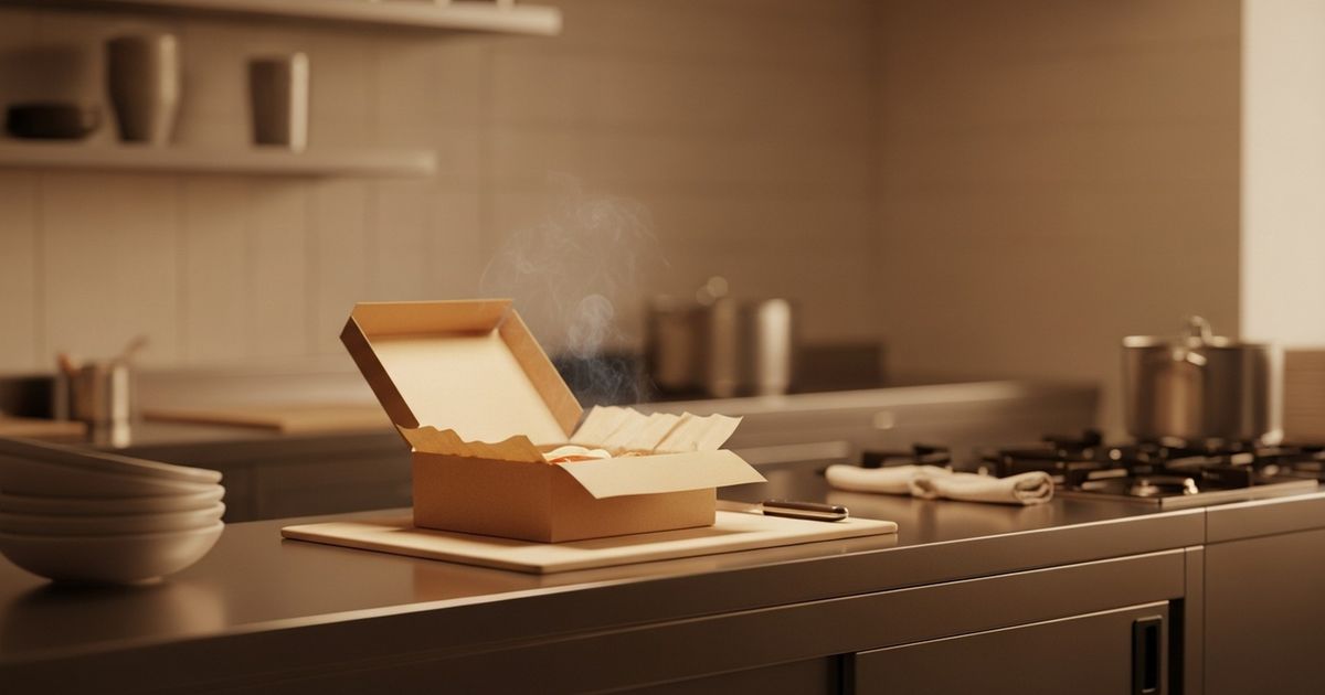Hyper-realistic editorial image of a modern delivery kitchen prep counter with an open delivery box and warm lighting, suggesting a ghost kitchen operation.