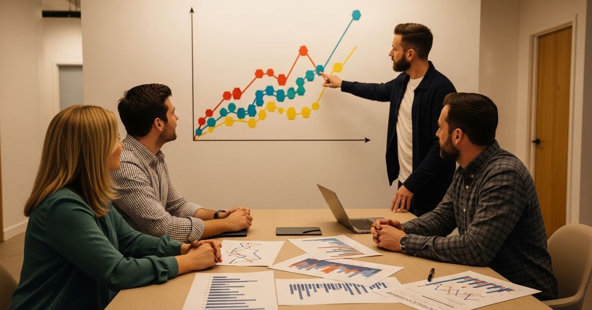 Small marketing team benchmarking SEO performance reviewing printed charts in a startup office