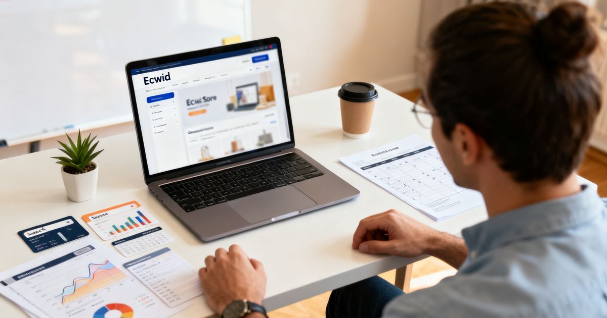 Founder reviewing an Ecwid store on a laptop in a bright home office — ecwid seo