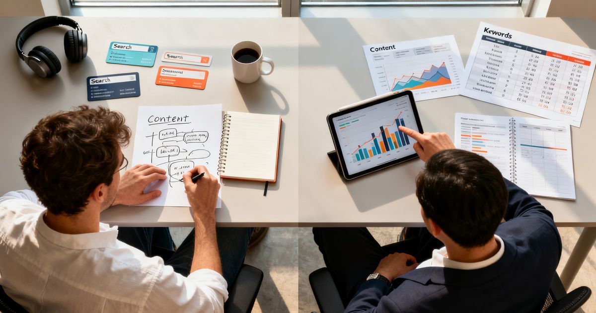 Two marketers comparing Jasper vs Ubersuggest workflows at a desk