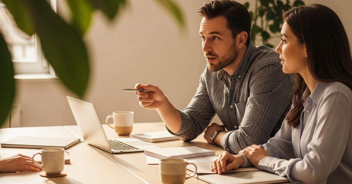 Two marketing professionals collaborating at a clean desk in a warm modern office, discussing content strategy with blank notebooks and closed laptops.