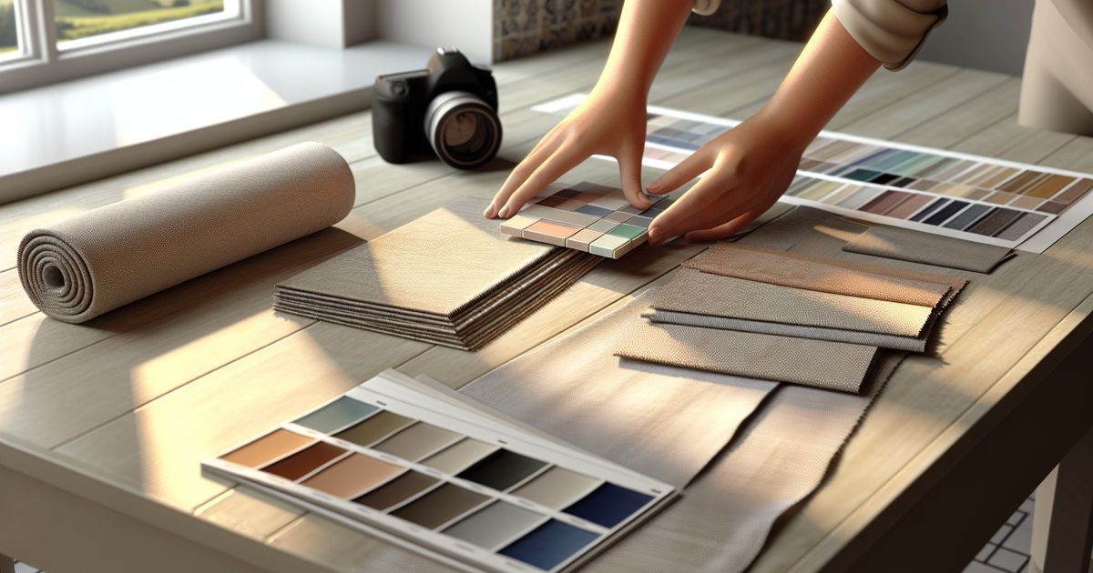 Interior designer arranging fabric and tile samples on a clean studio table, warm natural light, professional workspace
