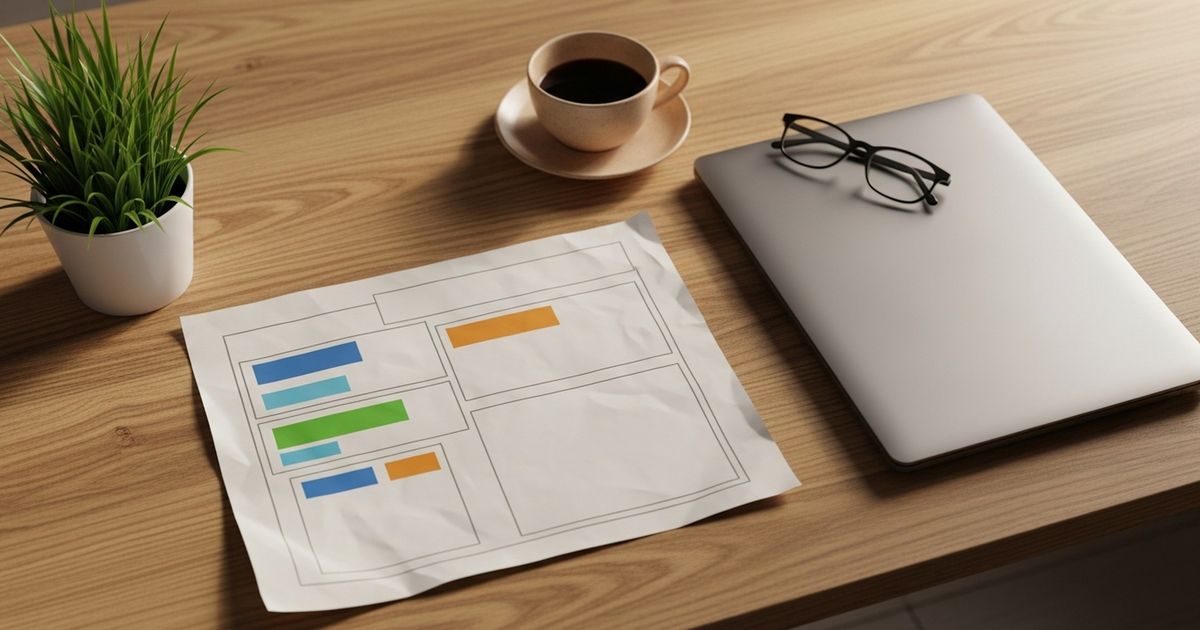 Overhead view of a modern workspace with blank wireframe brief printouts, closed laptop, coffee and glasses in warm professional styling.