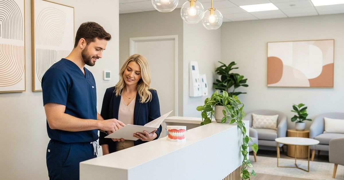 Dentist and office manager discussing marketing strategy in a modern dental clinic reception area