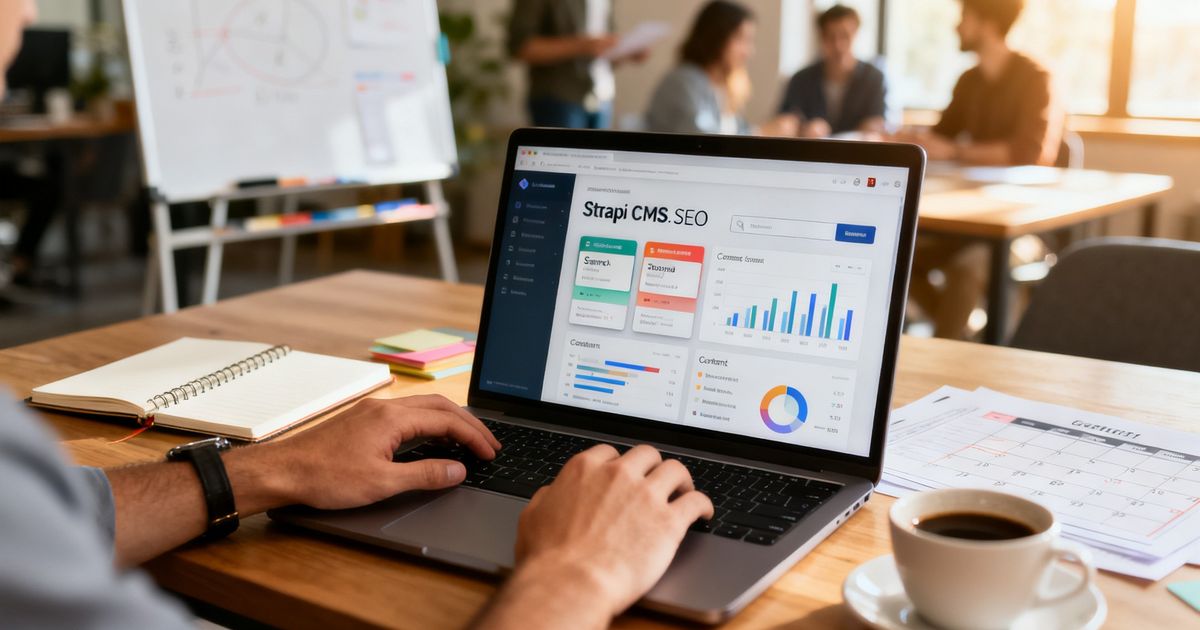 Developer configuring Strapi CMS for SEO in a modern startup office