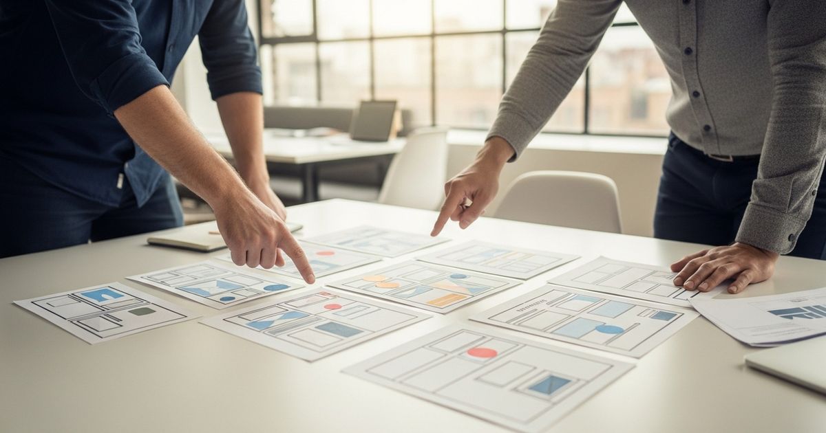SEO specialist and developer marking printed mockups to illustrate how to implement canonical tags