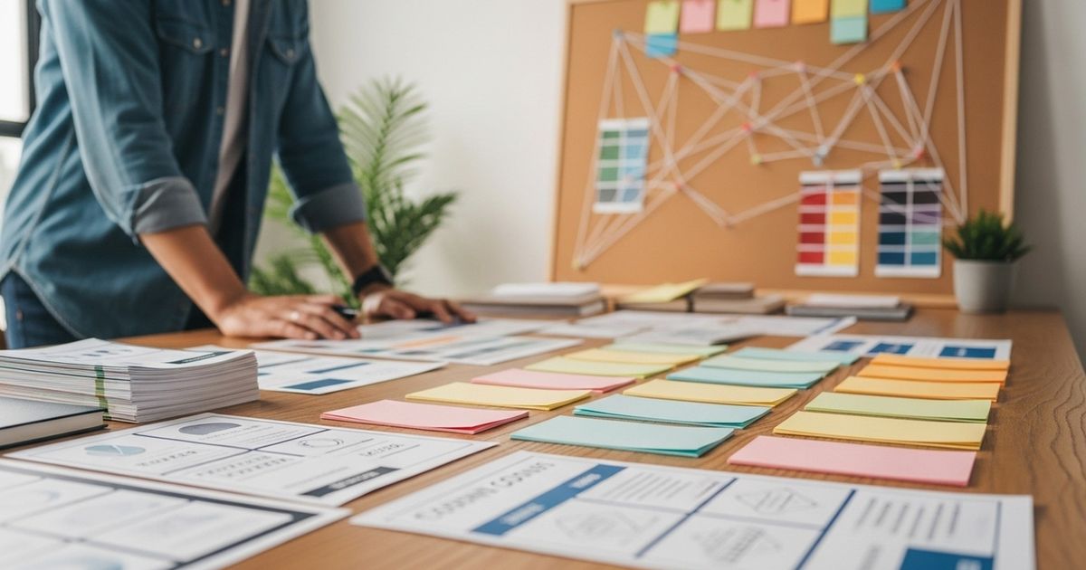 Marketing team workspace with blank content templates and color-coded clusters illustrating programmatic content planning