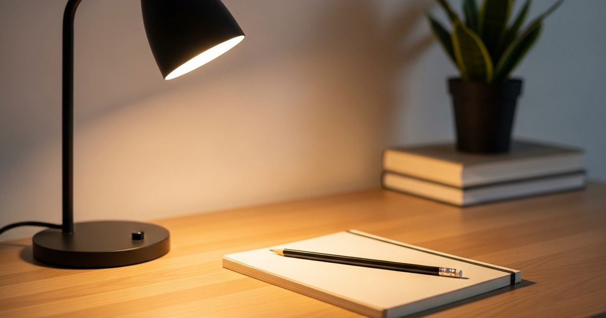 Warm hyper-realistic scene of a neat tutor workspace with a notebook and pencil on a wooden desk, suggesting focused, professional tutoring services.