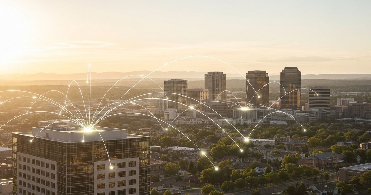 Warm golden-hour cityscape implying digital connections and growth — modern office buildings with subtle glowing connection lines, no text.
