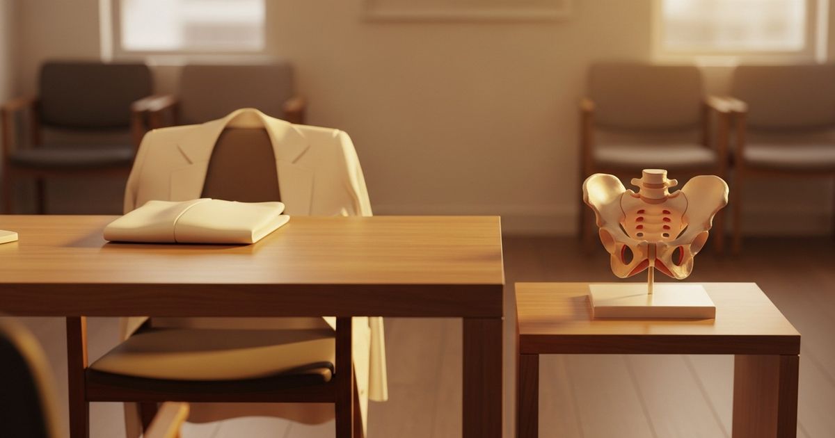 Warm modern clinic reception with a white lab coat and anatomical model, evoking professional women's health care.