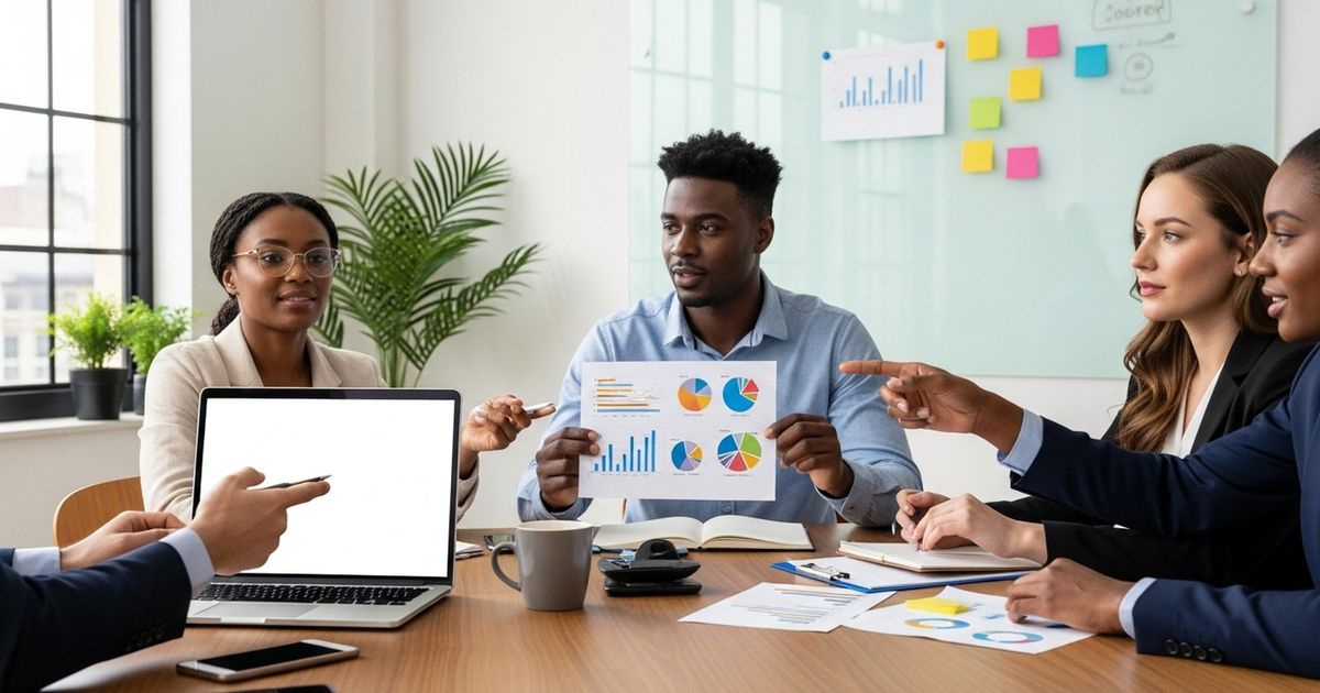 Marketing team collaborating on AI-powered SEO strategy in a modern workspace with abstract charts and whiteboard (no visible text).