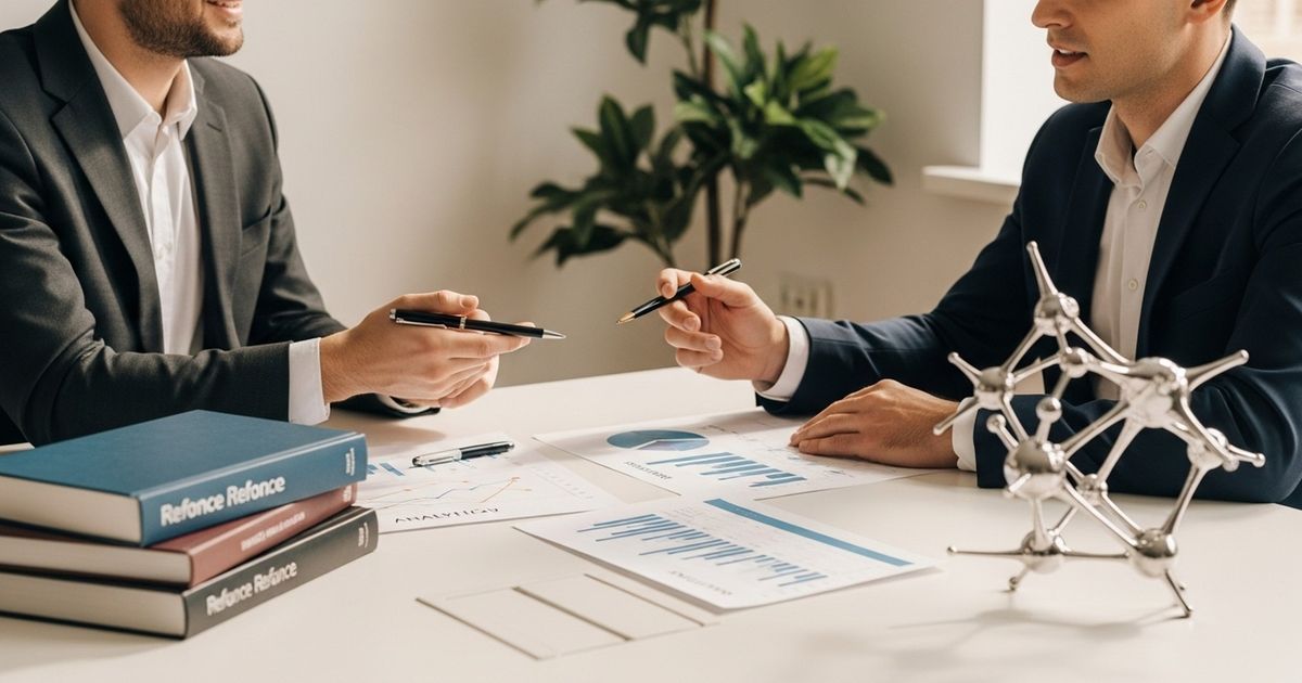Two marketers in a modern meeting room comparing printed charts, books, and an abstract sculpture symbolizing AI — visual metaphor for AI SEO versus traditional SEO.