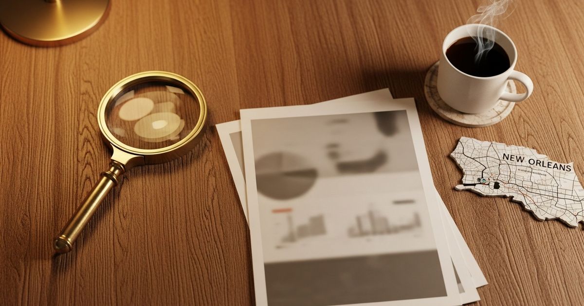 Warm, hyper-realistic overhead shot of a modern desk with a magnifying glass, abstract charts, and coffee, evoking local SEO research and agency selection without text.