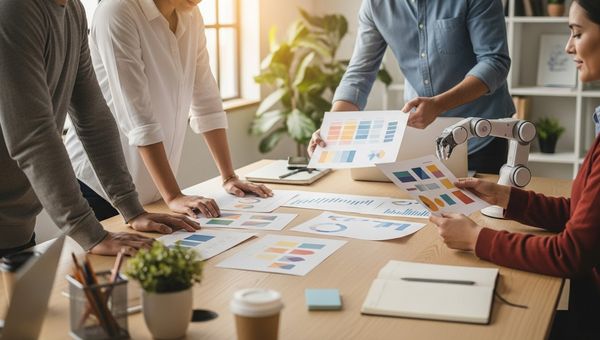 Marketing team reviewing color-coded content briefs and automated workflows in a modern office, illustrating SEO content production without hiring writers.