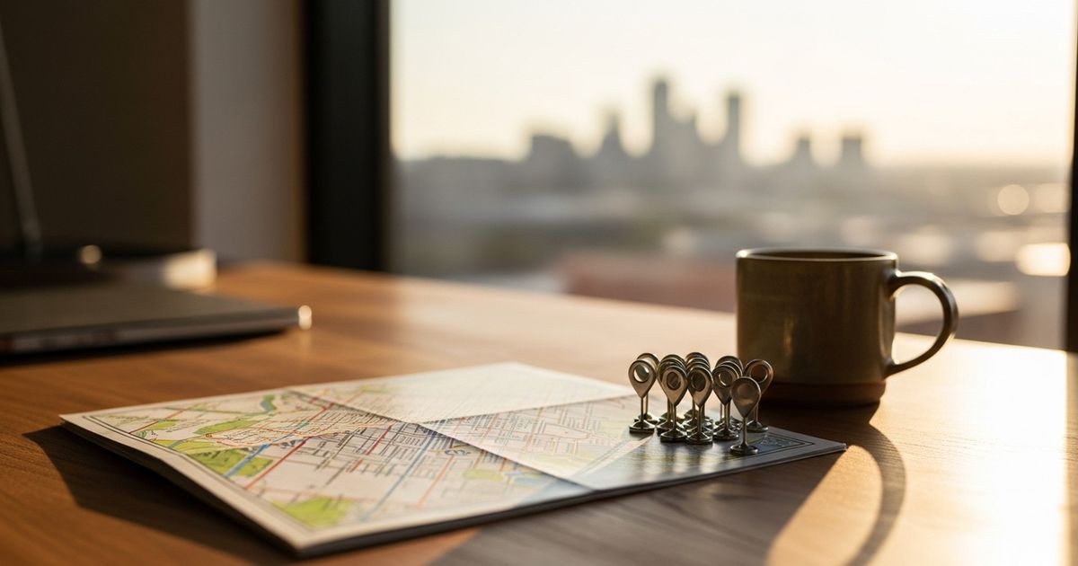 Warm editorial-style workspace with a city map and cluster of metallic pins, evoking local SEO strategy and planning.