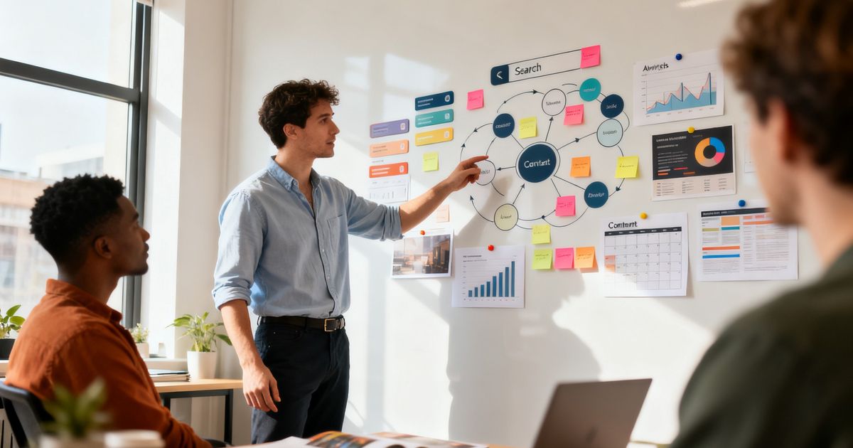 Community manager mapping topic clusters on a whiteboard for Mighty Networks SEO planning