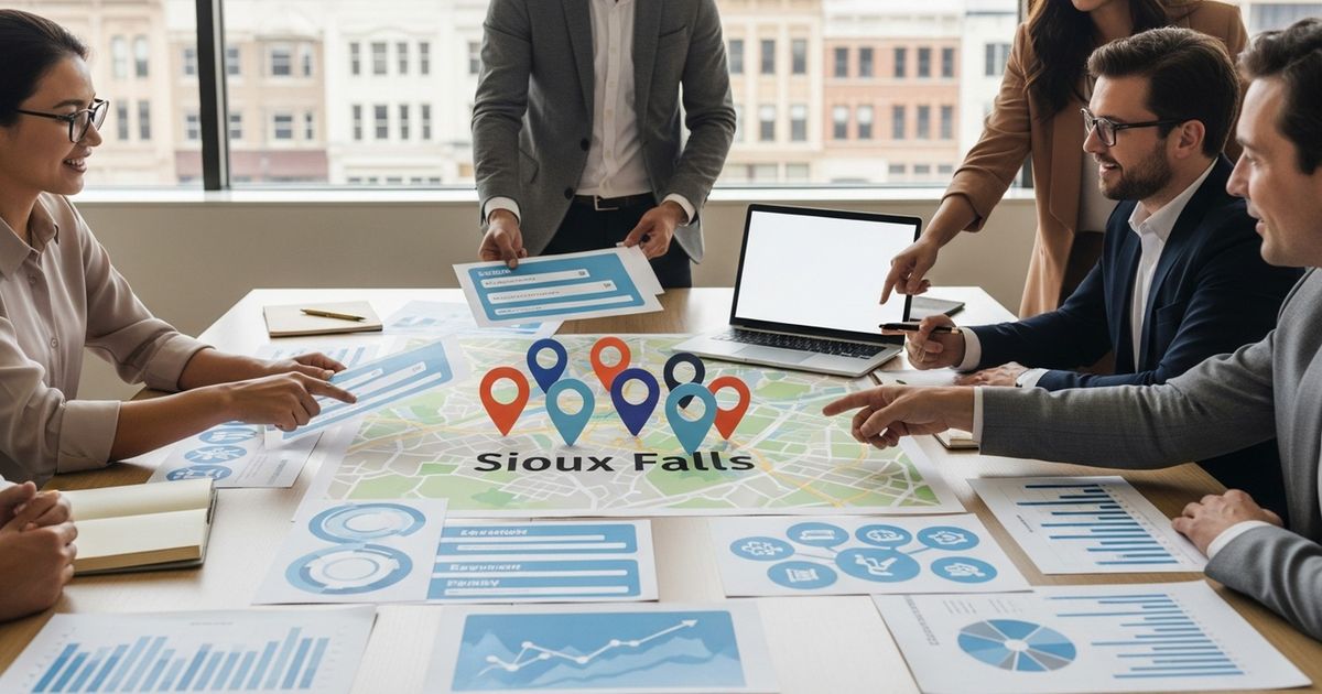 Marketing team collaborating in an office in Sioux Falls, South Dakota reviewing SEO strategy for local search
